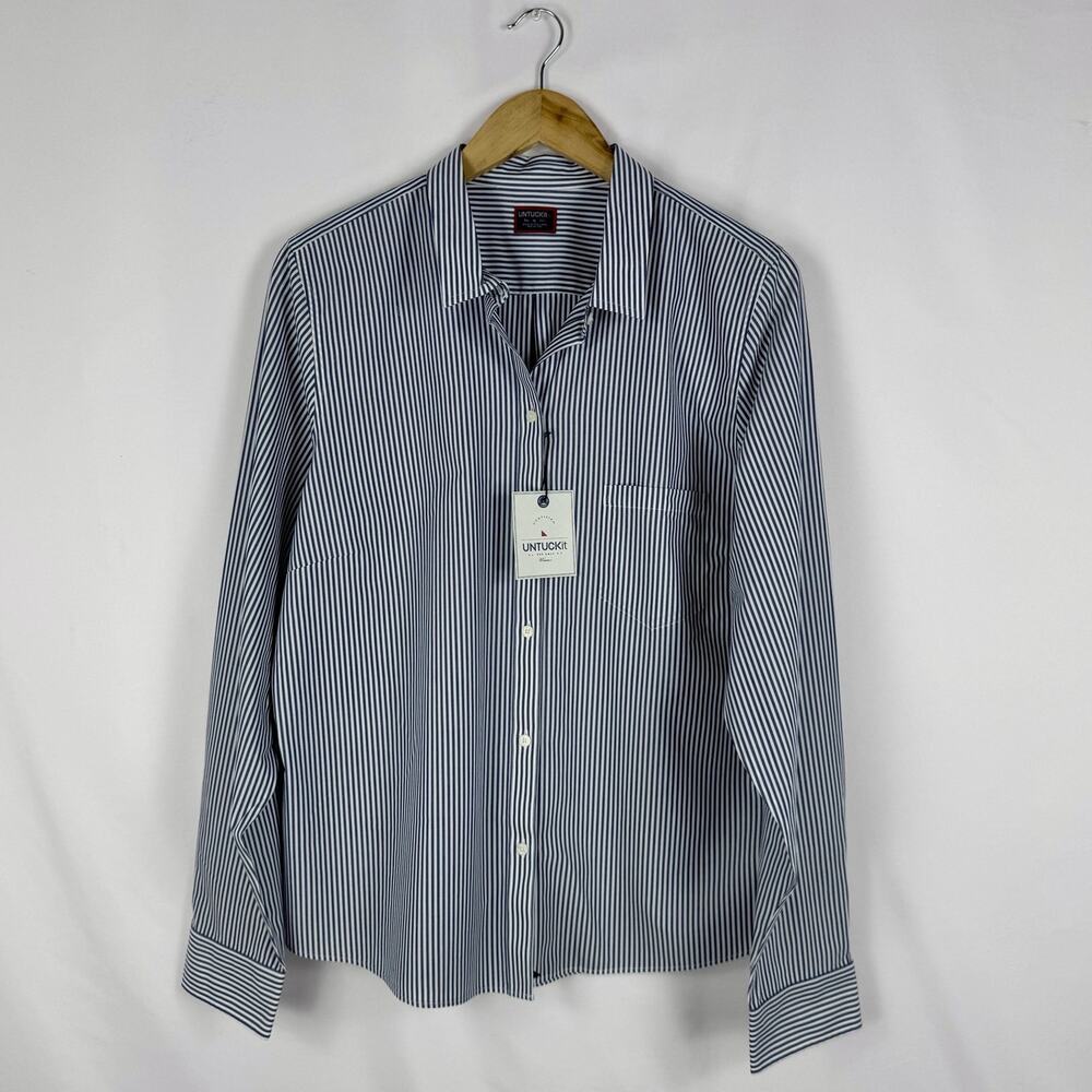 Untuckit Marsanne Long Sleeve Button Shirt Women's 16 Navy Stripe